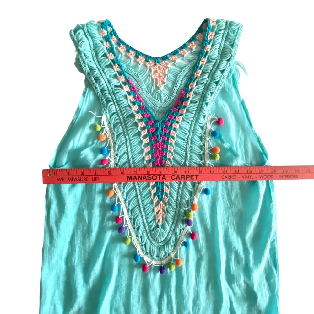 Ucho Bali Sarongs Turquoise Crochet Beach Cover Up With Multi Color Pop Poms - Picture 5 of 10